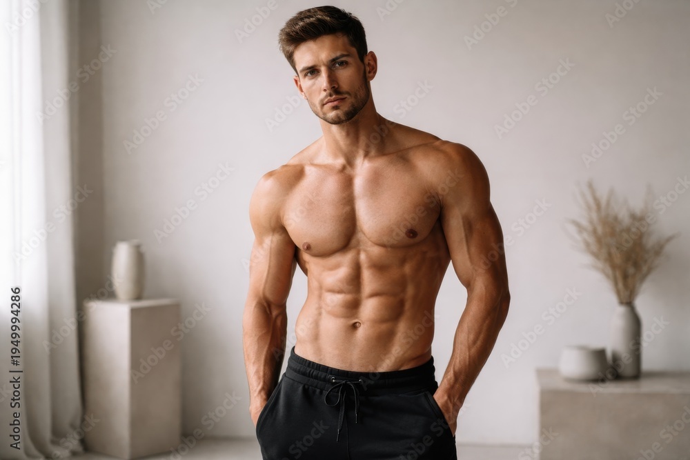 Obraz premium Muscular man with defined abs posing confidently in a minimalist studio setting