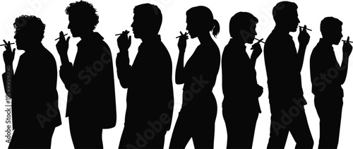 Silhouettes of diverse people smoking cigarettes in a line on a white background Keywords: silhouette, people, smoking