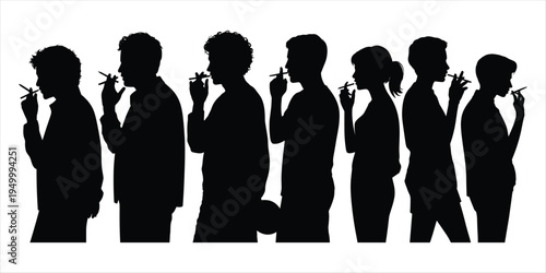 Silhouettes of diverse people smoking cigarettes in a line on a white background Keywords: silhouette, people, smoking