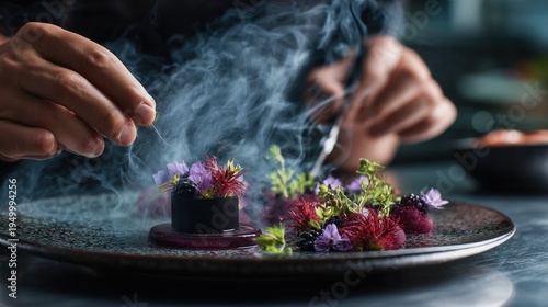 Professional pastry chef decorating an elegant black licorice mousse dessert on a dark ceramic plate in a modern restaurant kitchen, precise plating with licorice gel and edible flowers