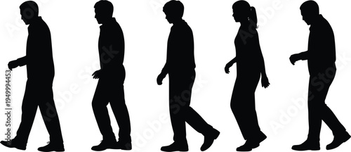 Silhouettes Of Five People Walking In Profile On White Background figures