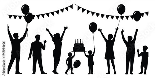 Silhouettes of people celebrating with balloons cake and bunting on white background Keywords: celebration, party, birthday