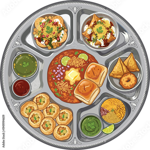Indian Snacks Platter Samosa Pani Puri Bhel Food Dishes Design