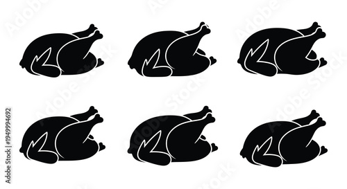 Six black silhouettes of whole roasted chickens in varying poses