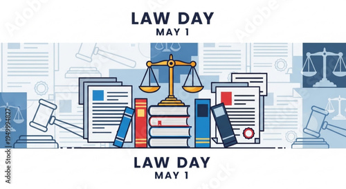 Law day may 1st illustration with scales books and legal documents on a desk