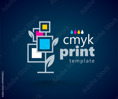 CMYK Print Logo. Abstract Tree in Squares. Printing theme. Template design vector. Black background