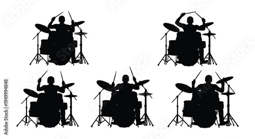 Silhouettes of drummers playing various drum kit configurations