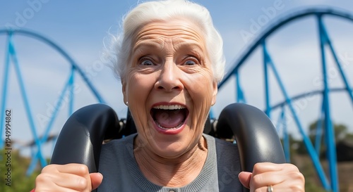 Elderly woman expresses intense excitement while riding an amusement park thrill ride