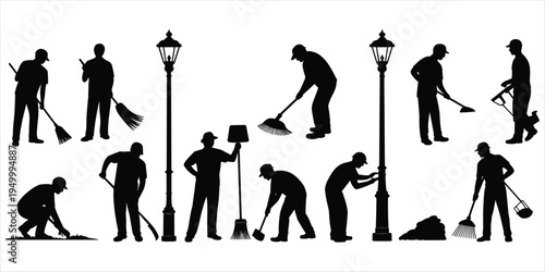 Silhouettes of street cleaners and lampposts performing various cleaning tasks Keywords: silhouette, cleaner, street cleaner