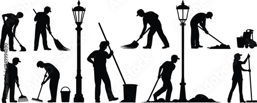 Silhouettes of street cleaners and lampposts performing various cleaning tasks Keywords: silhouette, cleaner, street cleaner