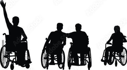 Silhouettes of three people in wheelchairs on a white background disability accessibility