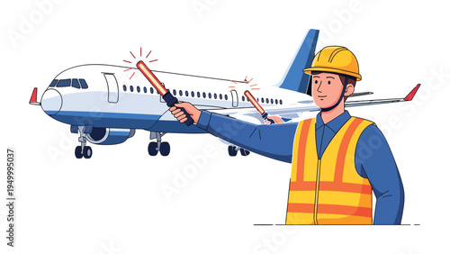 Airport Ground Crew Directing Airplane: A dedicated airport ground crew member directs an airplane on the tarmac, ensuring safe and efficient operations. Illustrating precision, professionalism.