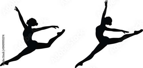 Silhouettes of two female ballet dancers in mid-air leaps on a white background Keywords: silhouette, ballet dancer, dancing