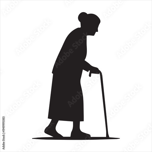 Elderly woman walking with cane silhouette in black and white