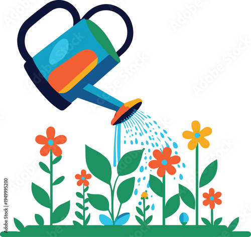 Bold colorful line art illustration of a watering can pouring water that transforms into growing leaves and flowers, eco growth concept, thick rounded vector stroke 1