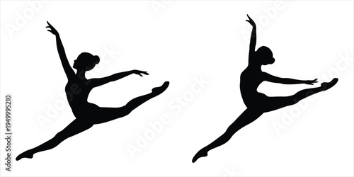 Two Ballet Dancers in Mid- Leap Silhouette Poses on White Background Keywords: ballet, dancer, silhouette, pose, leap, jump