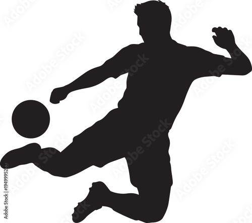 Black silhouette of a professional football player jumping to kick a soccer ball in midair game Vector, illustration
