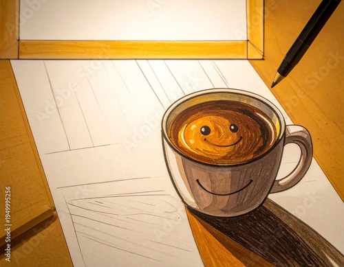 Happy Coffee Cup on Desk with Pencil and Paper.
