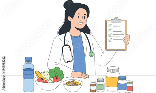 Female doctor holding medical checklist with healthy food vitamins and supplements, healthcare nutrition vector illustration