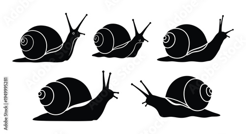 Stylized black and white illustration of six garden snails crawling
