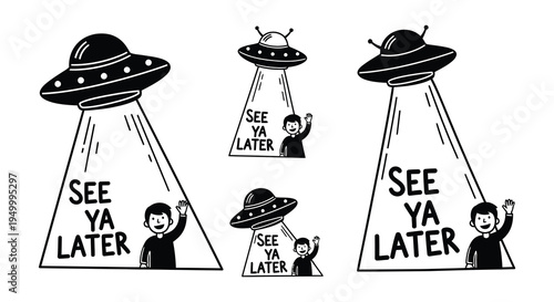 Three ufos abduct waving people with a playful see ya later message