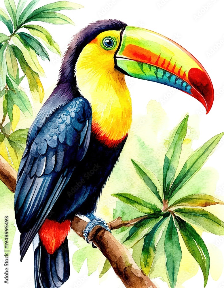 Obraz premium A toucan perched on a branch among foliage. Watercolor illustration of a bird portrait