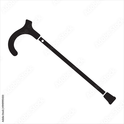 Black silhouette icon of a walking cane, a crucial mobility aid for the elderly and disabled, symbolizing support, independence, and daily assistance.