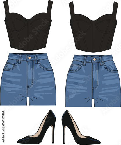 Black bustier top, blue denim shorts, black stiletto heels, stylish women’s fashion apparel clothing outfit design showcase illustration – flavector