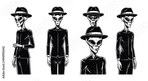 Four grey aliens depicted in a black and white illustrative style