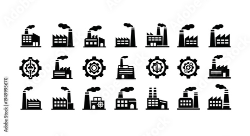 Minimalist flat vector illustration set of industrial factory icons arranged in a clean grid layout.