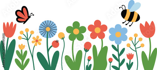 Colorful spring flowers garden border with butterfly and bee, blooming floral nature decorative vector illustration