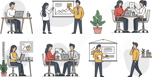 Colleagues collaborate on projects, present data, and communicate in office settings