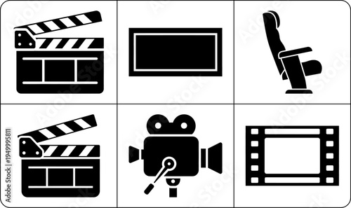 A set of film making icons in silhouette, including a clapperboard, camera, filmstrip, director chair, and movie screen, used for filmmaking and movie production.