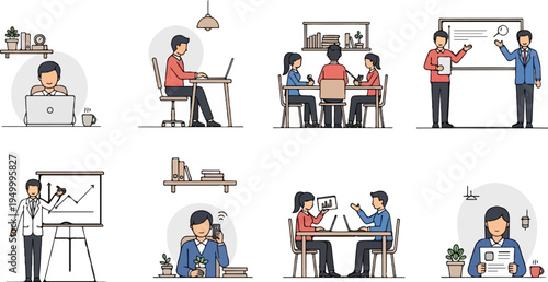 Diverse business scenarios and office interactions depicted in flat illustration