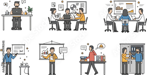 Diverse business scenes individuals working, meetings, presentations, and office collaboration