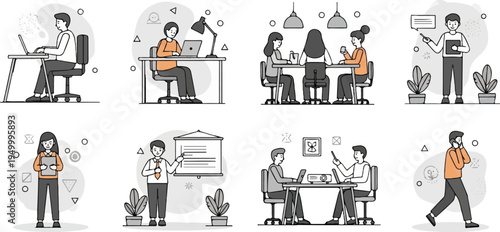 Diverse office scenarios with people working, presenting, and collaborating