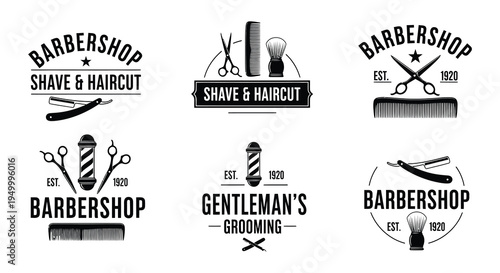 Vintage barbershop emblems and grooming tools in black and white designs