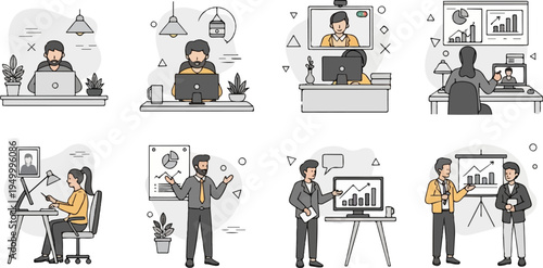 People working at desks and presenting data using computers and charts