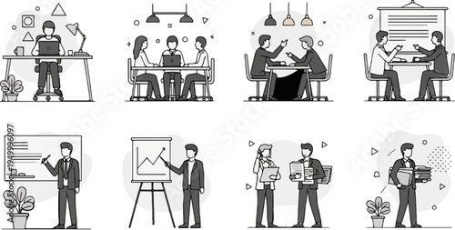 Various business and office scenarios with people collaborating, presenting, and working
