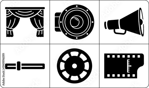 A set of six black and white icons featuring film and theater related objects, presented in silhouette mode, showcasing a film reel, megaphone, filmstrip, and other elements.