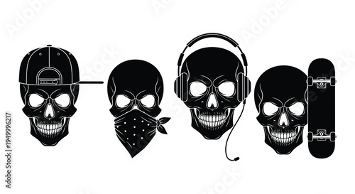 Four stylized skulls adorned with hats sunglasses and accessories