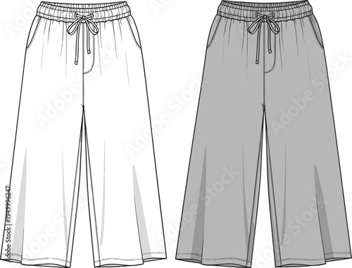 Fashion illustration, wide-leg cropped pants, elastic waistband, drawstring closure, side pockets, seam detailing, garment sketch, apparel design, modern clothing, trendy outfit