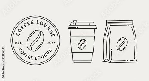 A minimalist line art illustration featuring a coffee lounge logo, a disposable coffee cup, and a coffee bean bag.