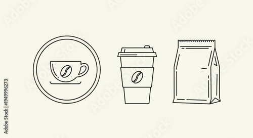 A minimalist line art illustration featuring three distinct coffee-related icons: a coffee cup with a bean inside a circle, a disposable coffee cup with a sleeve, and a sealed coffee bag.