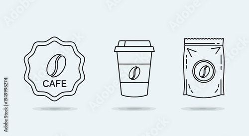 Three minimalist line art icons representing coffee shop elements: a cafe logo, a to-go coffee cup, and a coffee bean bag.