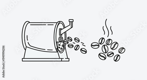 Illustration of a coffee roaster machine in action, with beans being ejected and a pile of freshly roasted beans emitting steam.