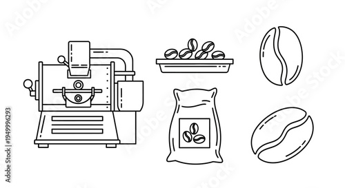 A collection of line art illustrations depicting various elements related to coffee roasting and production, including a roaster machine, coffee beans, and a bag of coffee.