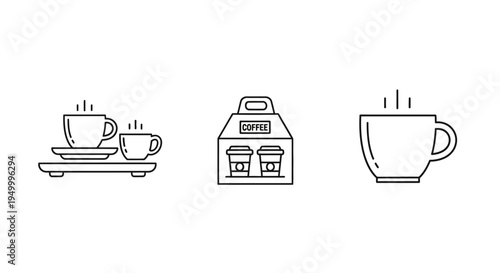 Three line art icons depicting coffee cups and a coffee carrier, symbolizing beverage service and convenience.