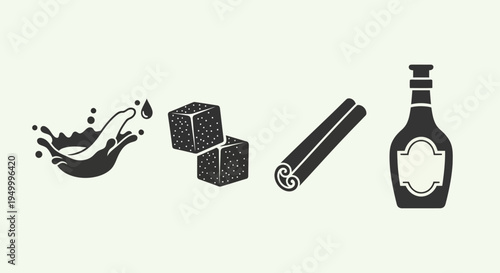 A collection of icons representing ingredients for a spiced beverage, including a liquid splash, sugar cubes, a cinnamon stick, and a bottle.