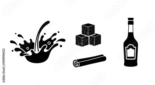 A collection of black and white icons representing ingredients for a beverage, including a splash of liquid, sugar cubes, a cinnamon stick, and a bottle.